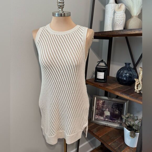 Vince Sweater Womens Small Open Knit Tunic Crochet Oatmeal Side Slit - Picture 2 of 10